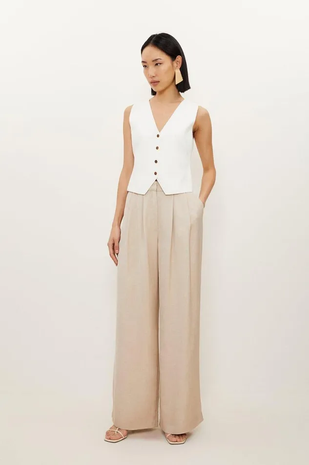 Premium Tailored Linen Pleated Wide Leg Trousers Stone Women Karen Millen Trousers