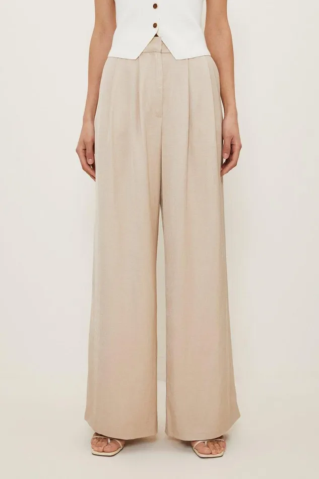 Premium Tailored Linen Pleated Wide Leg Trousers Stone Women Karen Millen Trousers