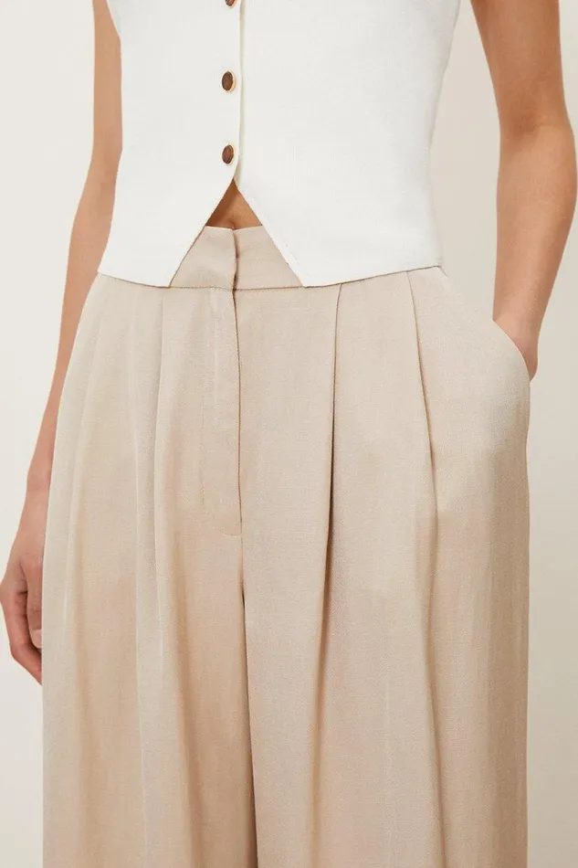Premium Tailored Linen Pleated Wide Leg Trousers Stone Women Karen Millen Trousers