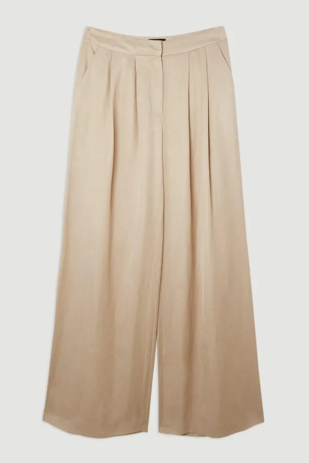 Premium Tailored Linen Pleated Wide Leg Trousers Stone Women Karen Millen Trousers