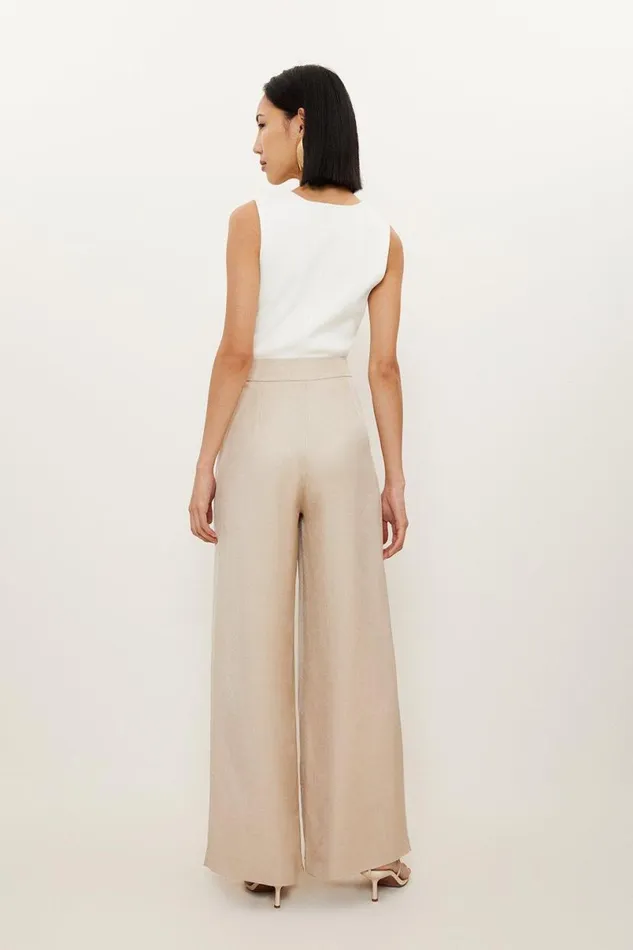 Premium Tailored Linen Pleated Wide Leg Trousers Stone Women Karen Millen Trousers