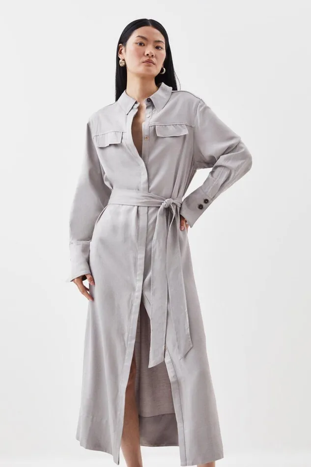Premium Utility Linen Woven Midi Shirt Dress Silver Women Karen Millen Dresses