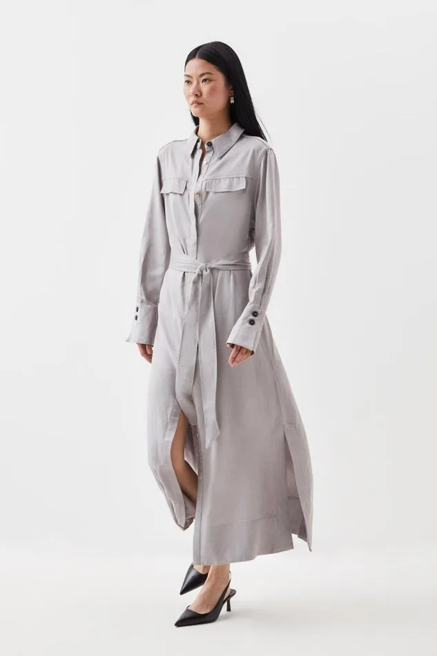 Premium Utility Linen Woven Midi Shirt Dress Silver Women Karen Millen Dresses