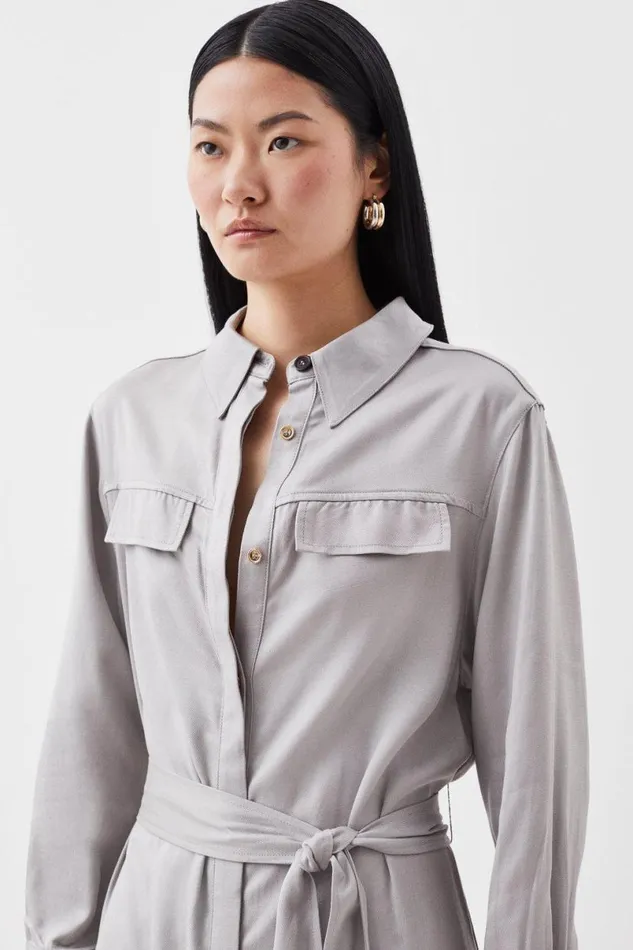Premium Utility Linen Woven Midi Shirt Dress Silver Women Karen Millen Dresses