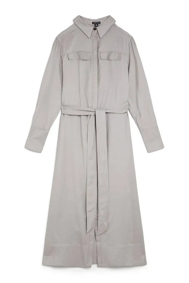 Premium Utility Linen Woven Midi Shirt Dress Silver Women Karen Millen Dresses