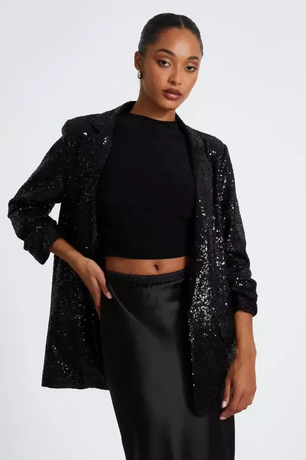 Quiz Clothing Blazers Black Sequin Ruched Blazer 8211 Women