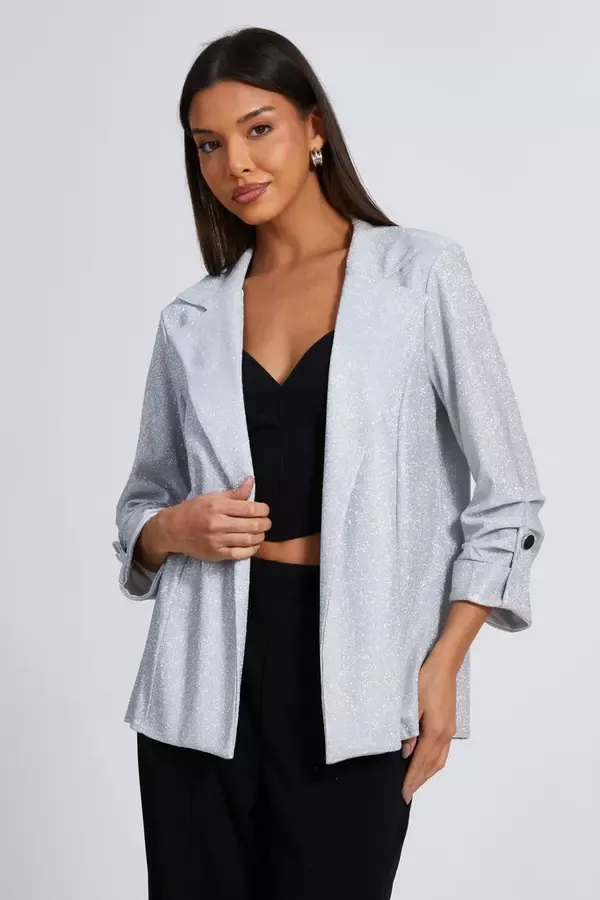 Quiz Clothing Blazers Silver Ruched Sleeve Blazer 8211 Women