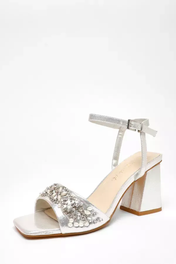 Quiz Clothing Bridal Shoes Wide Fit Silver Shimmer Embellished Block Heel Sandals 8211 Women