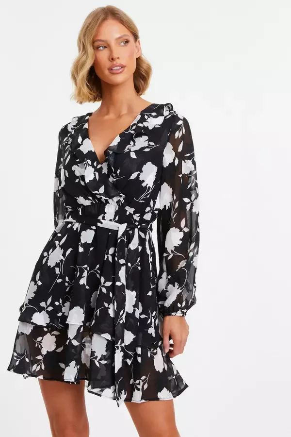 Quiz Clothing Casual Clothing Black Floral Frill Mini Skater Dress 8211 Women