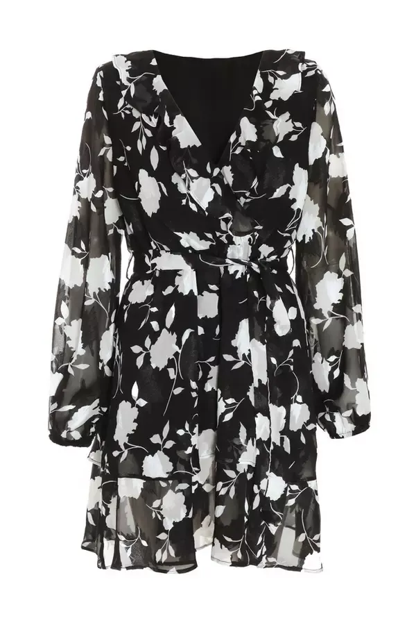 Quiz Clothing Casual Clothing Black Floral Frill Mini Skater Dress 8211 Women