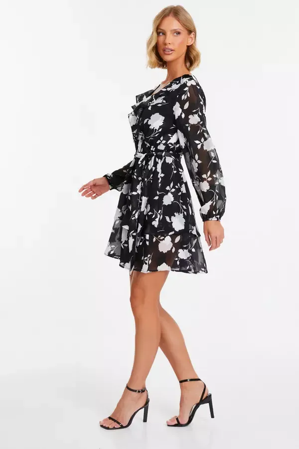 Quiz Clothing Casual Clothing Black Floral Frill Mini Skater Dress 8211 Women