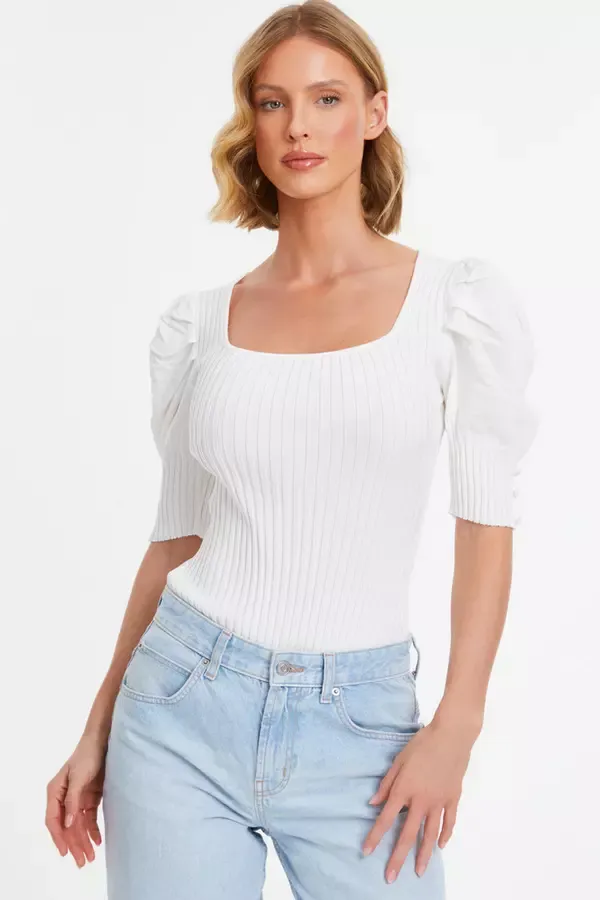 Quiz Clothing Casual Clothing Cream Knitted Puff Sleeve Bodysuit 8211 Women
