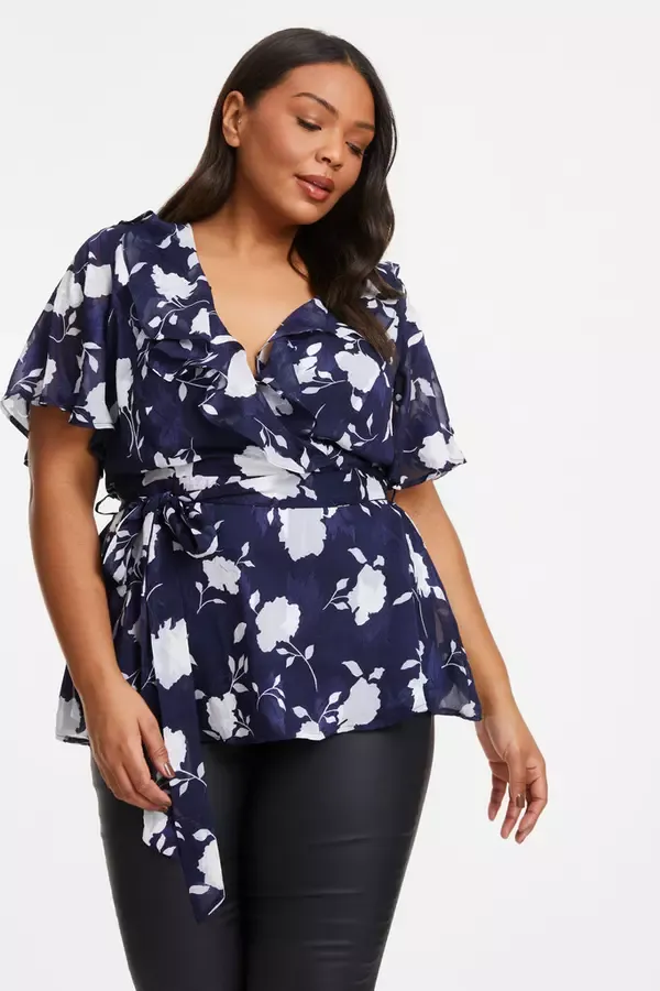 Quiz Clothing Casual Clothing Curve Navy Floral Wrap Frill Peplum Top 8211 Women