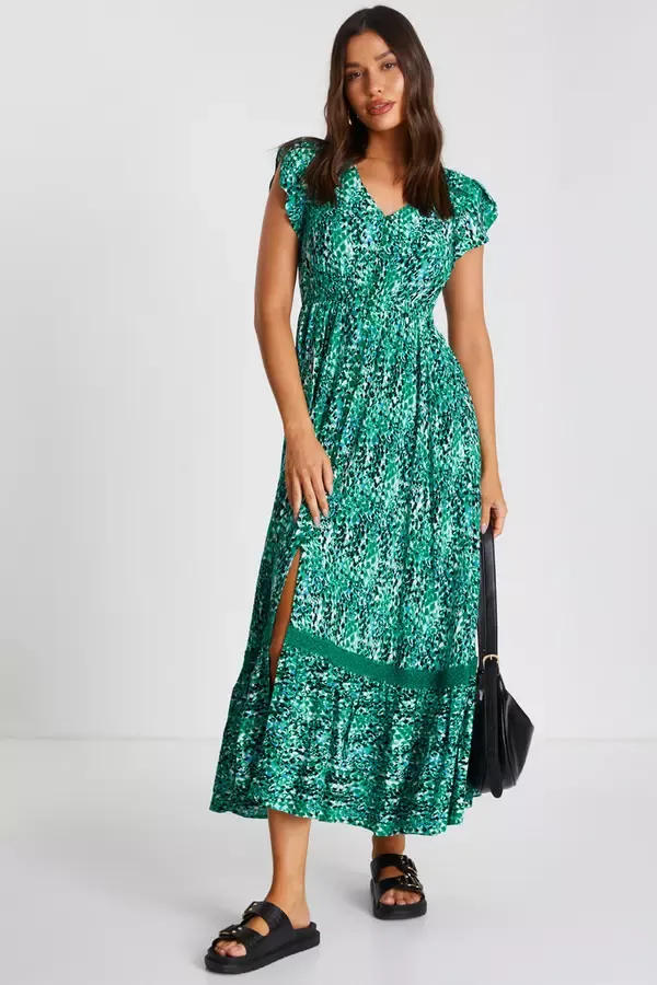Quiz Clothing Casual Clothing Green Leopard Print Crochet Trim Maxi Dress 8211 Women