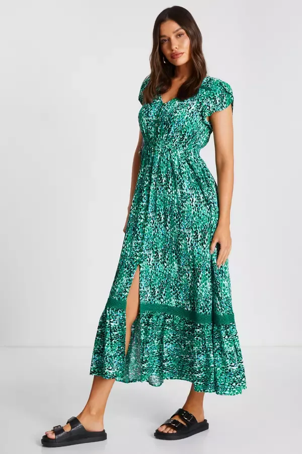 Quiz Clothing Casual Clothing Green Leopard Print Crochet Trim Maxi Dress 8211 Women