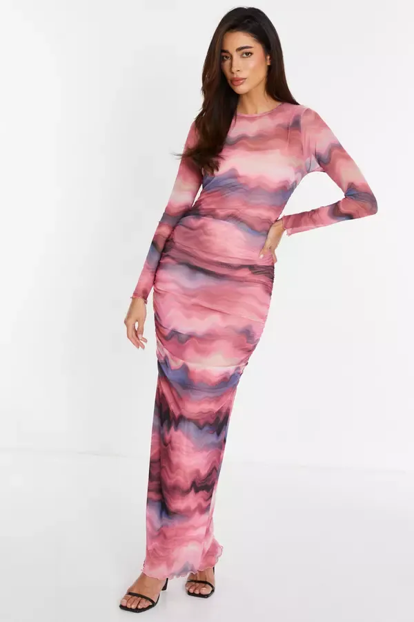 Quiz Clothing Casual Clothing Pink Marble Mesh Ruched Maxi Dress 8211 Women