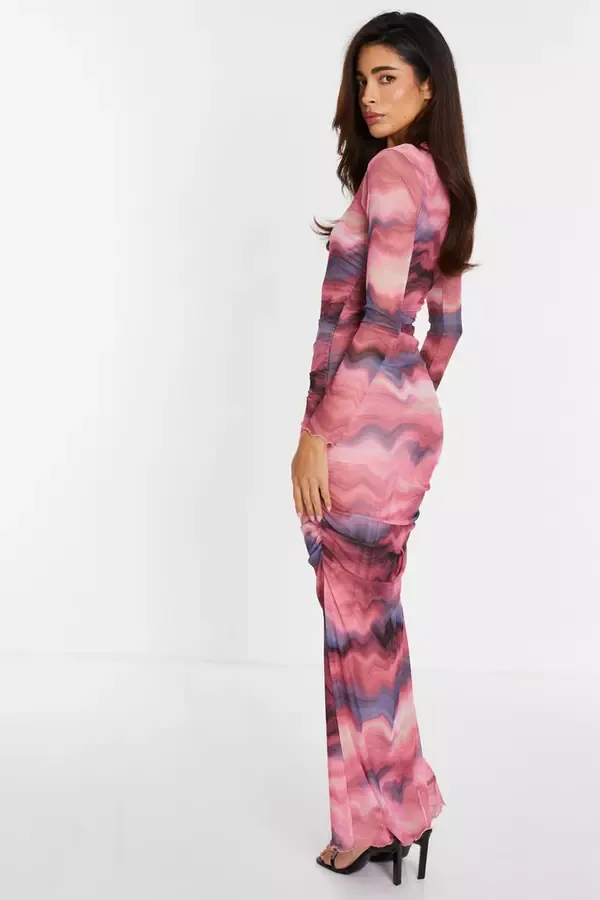 Quiz Clothing Casual Clothing Pink Marble Mesh Ruched Maxi Dress 8211 Women