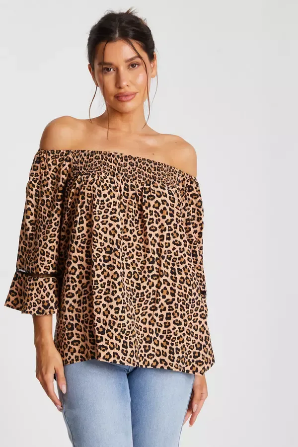 Quiz Clothing Casual Clothing Stone Leopard Print Bardot Top 8211 Women