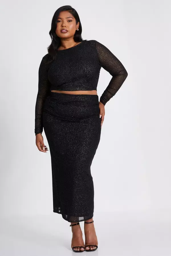 Quiz Clothing CoOrds Curve Black Glitter Mesh Midaxi Skirt 8211 Women