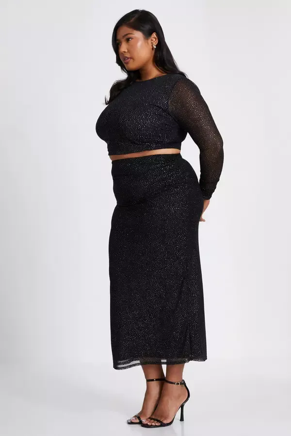 Quiz Clothing CoOrds Curve Black Glitter Mesh Midaxi Skirt 8211 Women