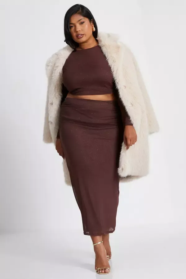 Quiz Clothing CoOrds Curve Brown Glitter Mesh Midaxi Skirt 8211 Women