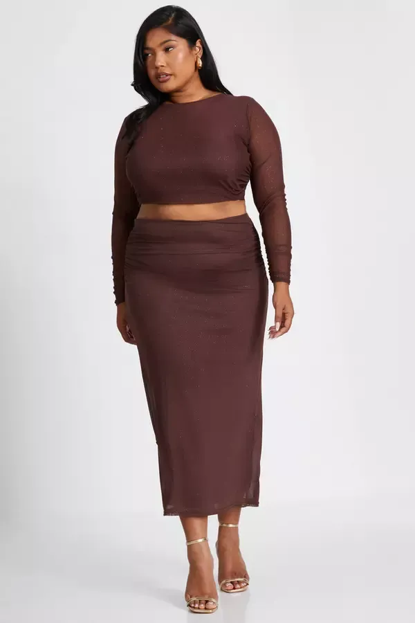 Quiz Clothing CoOrds Curve Brown Glitter Mesh Midaxi Skirt 8211 Women