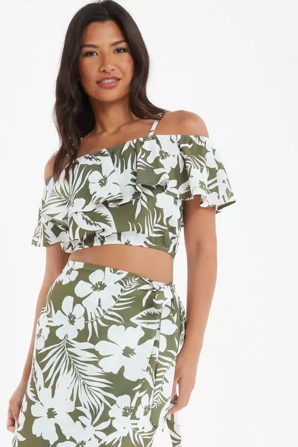 Quiz Clothing CoOrds Khaki Floral Bardot Crop Top 8211 Women