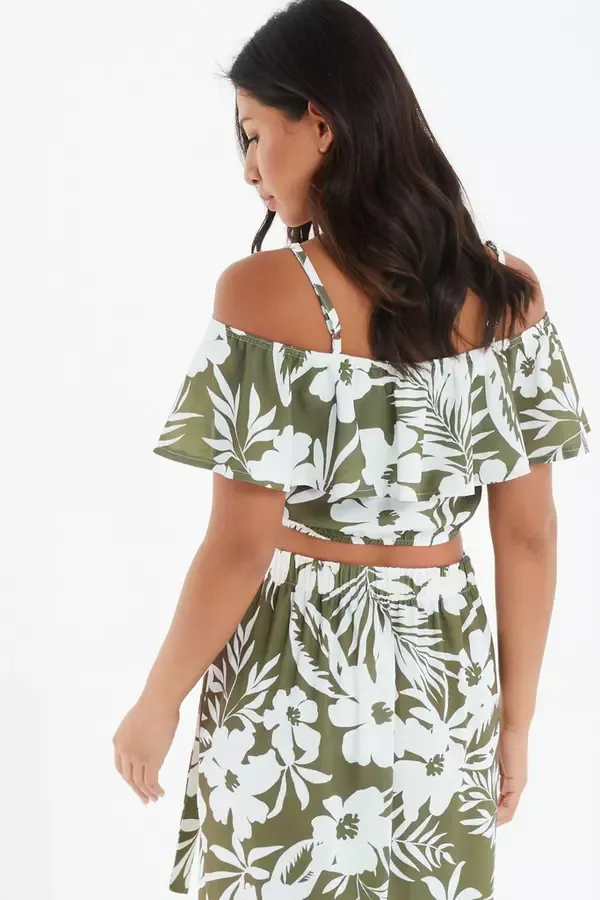 Quiz Clothing CoOrds Khaki Floral Bardot Crop Top 8211 Women