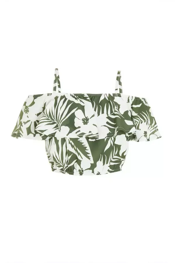 Quiz Clothing CoOrds Khaki Floral Bardot Crop Top 8211 Women