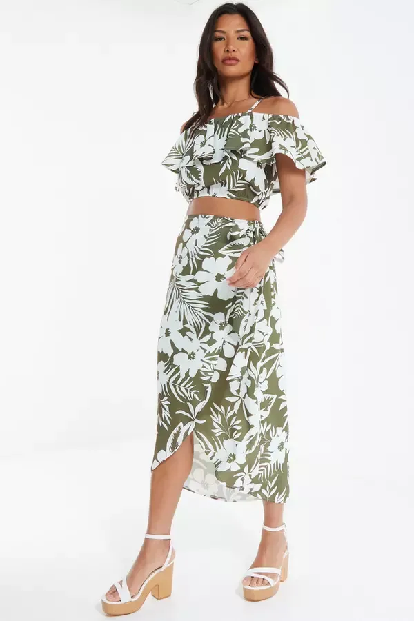 Quiz Clothing CoOrds Khaki Floral Bardot Crop Top 8211 Women