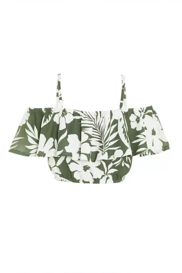 Quiz Clothing CoOrds Khaki Floral Bardot Crop Top 8211 Women