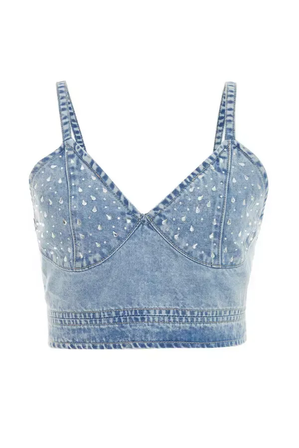 Quiz Clothing CoOrds Light Blue Denim Diamante Crop Top 8211 Women