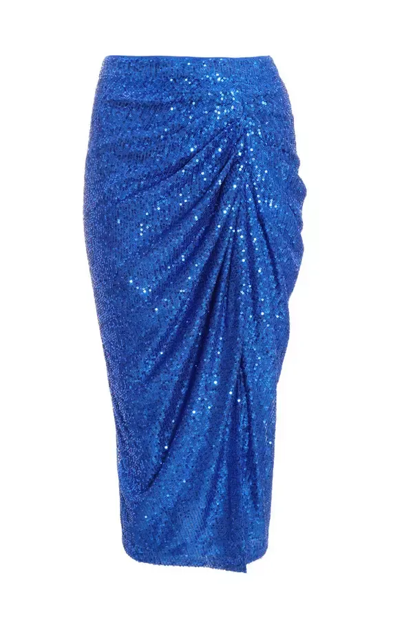 Quiz Clothing CoOrds Royal Blue Sequin Ruched Midi Skirt 8211 Women