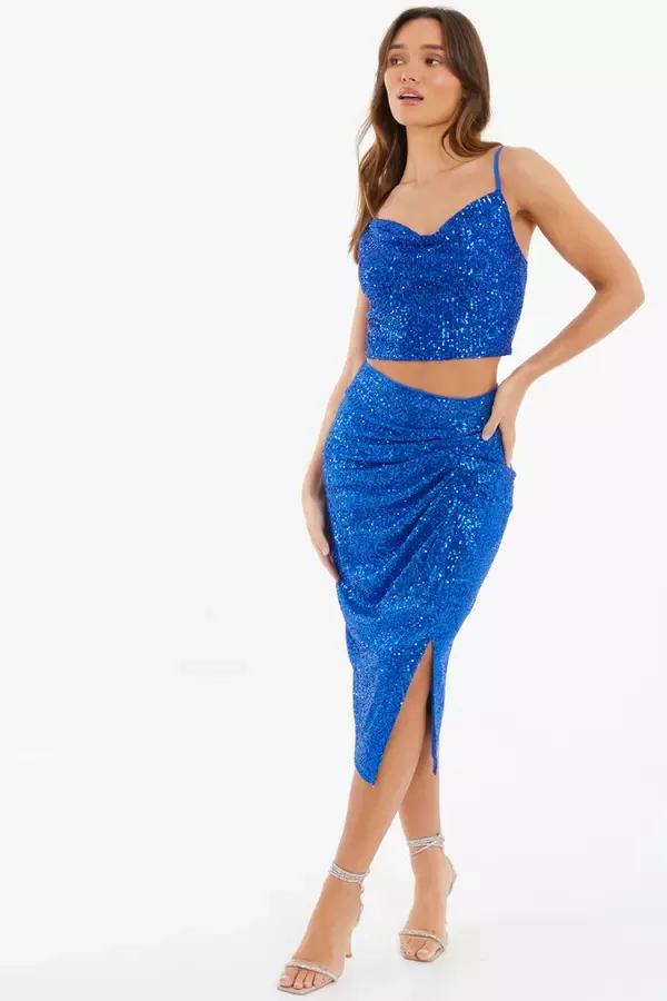 Quiz Clothing CoOrds Royal Blue Sequin Ruched Midi Skirt 8211 Women