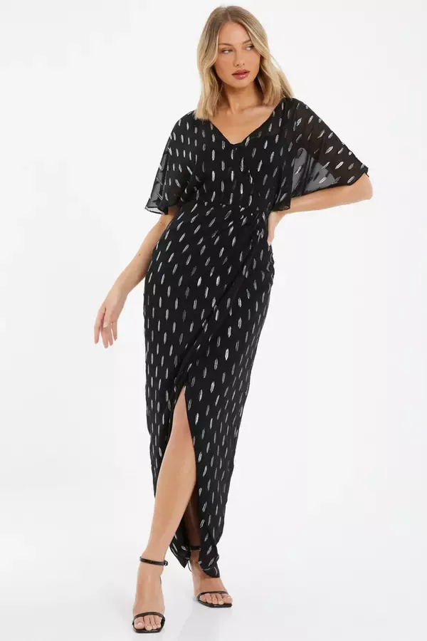 Quiz Clothing Dresses Black Chiffon Foil Wrap Maxi Dress 8211 Women