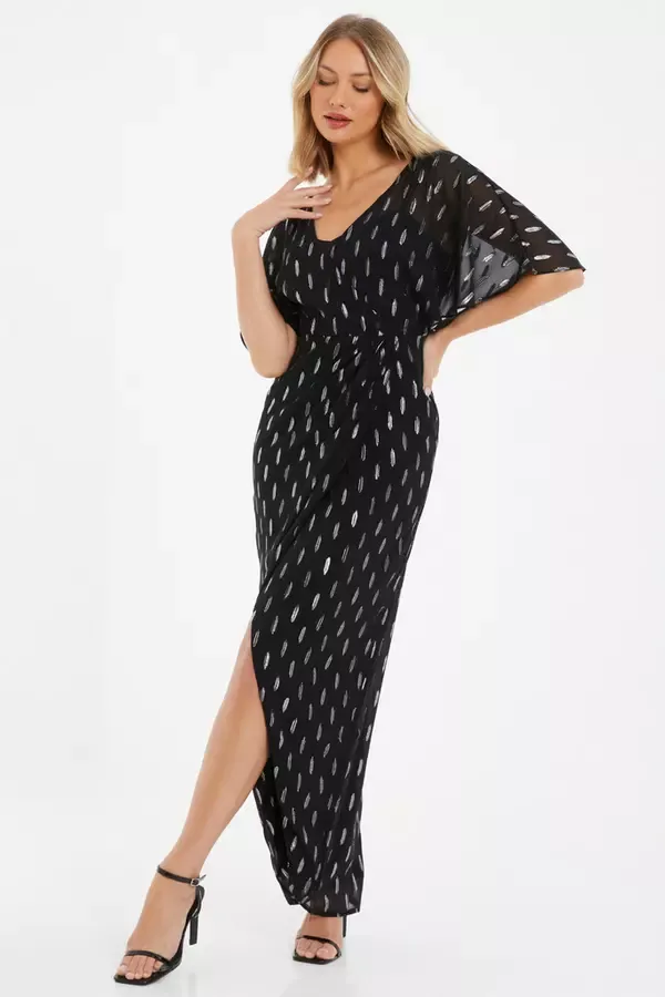 Quiz Clothing Dresses Black Chiffon Foil Wrap Maxi Dress 8211 Women
