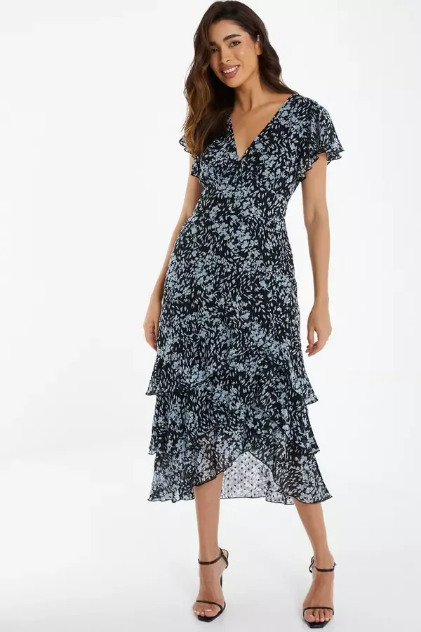 Quiz Clothing Dresses Black Floral Tiered Midi Dress 8211 Women