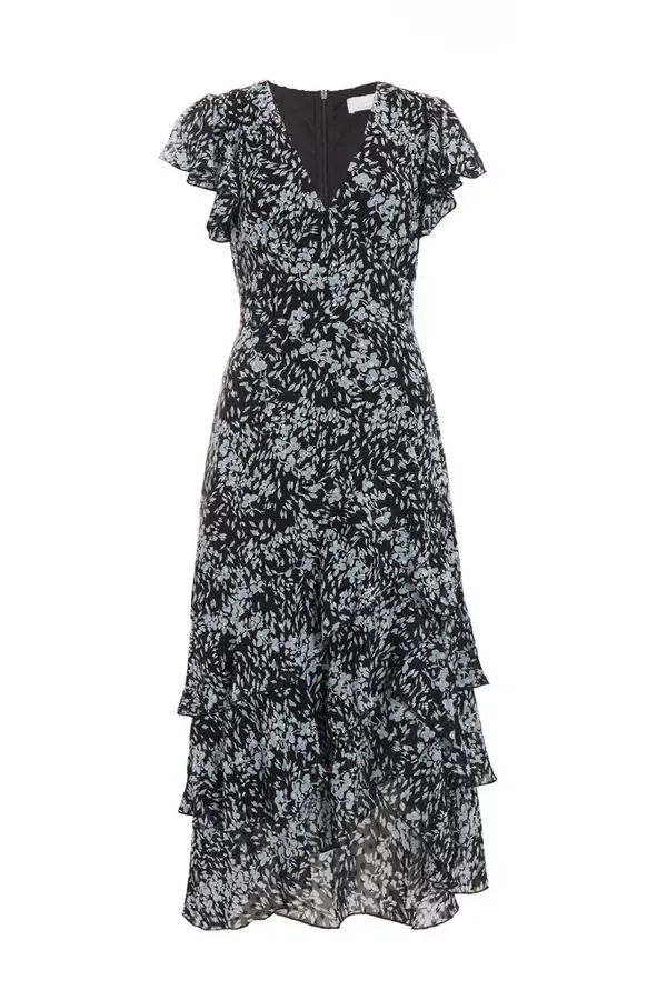 Quiz Clothing Dresses Black Floral Tiered Midi Dress 8211 Women