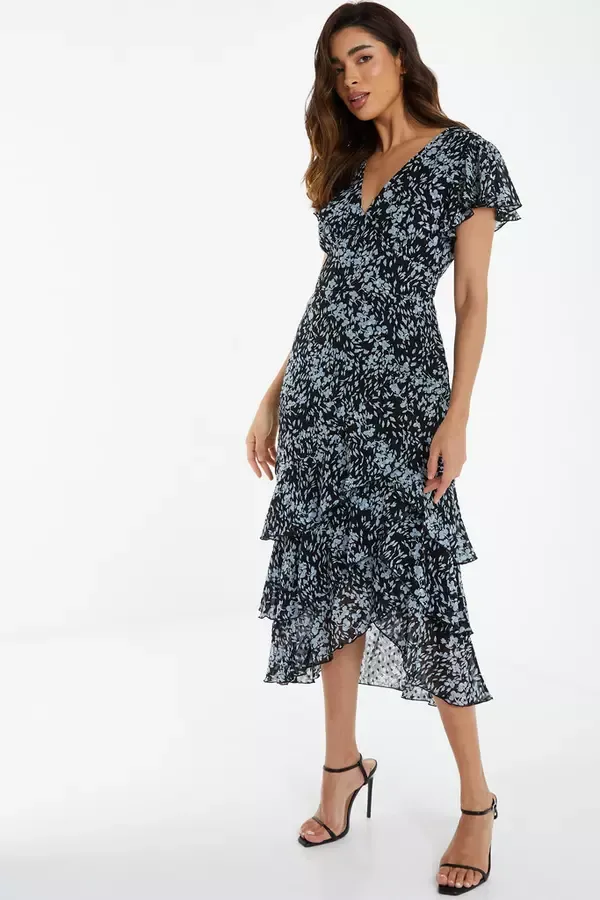 Quiz Clothing Dresses Black Floral Tiered Midi Dress 8211 Women