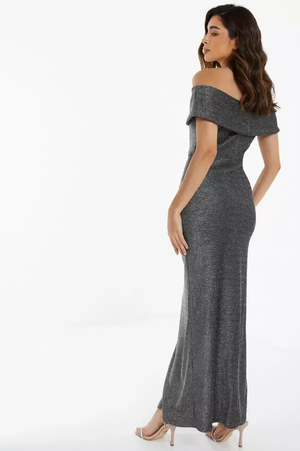 Quiz Clothing Dresses Black Glitter Bardot Maxi Dress 8211 Women