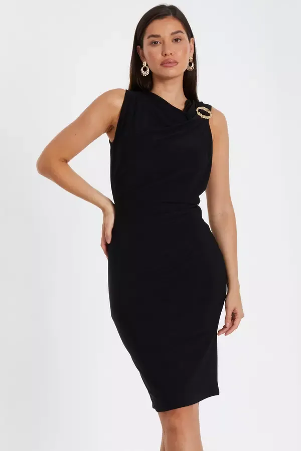 Quiz Clothing Dresses Black Gold Buckle Detail Midi Dress 8211 Women