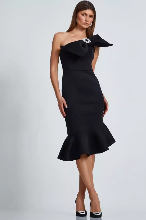 Quiz Clothing Dresses Black One Shoulder Bow Midi Dress 8211 Women