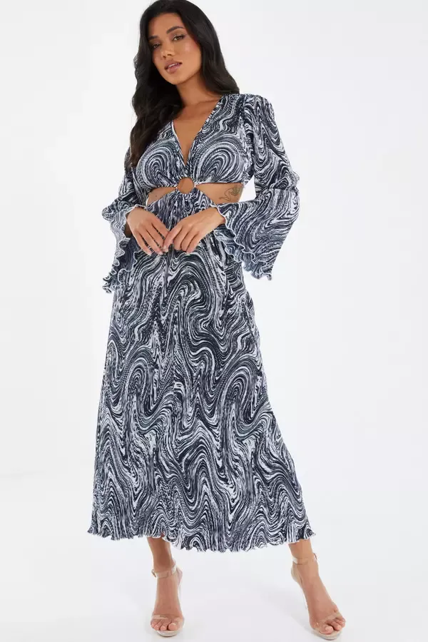 Quiz Clothing Dresses Black Plisse Swirl Midaxi Dress 8211 Women