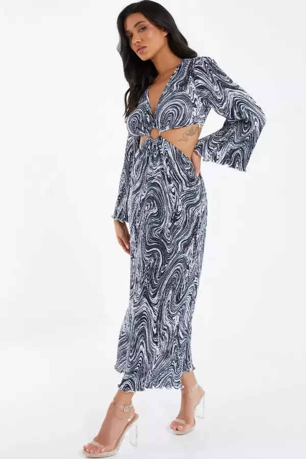 Quiz Clothing Dresses Black Plisse Swirl Midaxi Dress 8211 Women