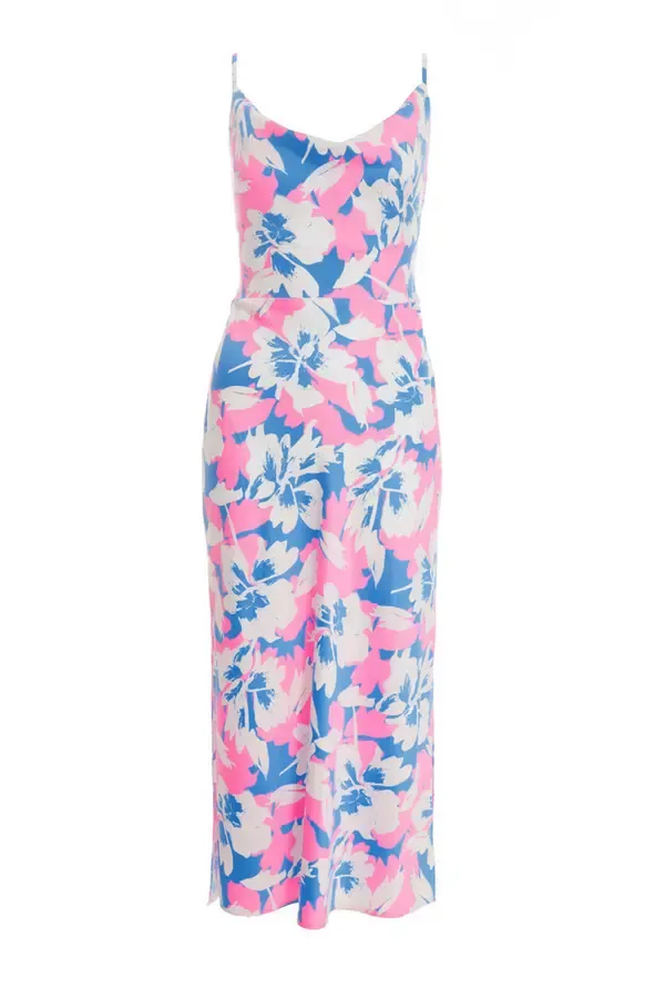 Quiz Clothing Dresses Blue Floral Satin Tie Back Midi Dress 8211 Women