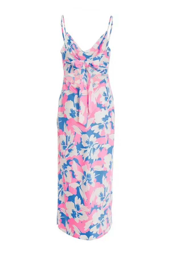 Quiz Clothing Dresses Blue Floral Satin Tie Back Midi Dress 8211 Women