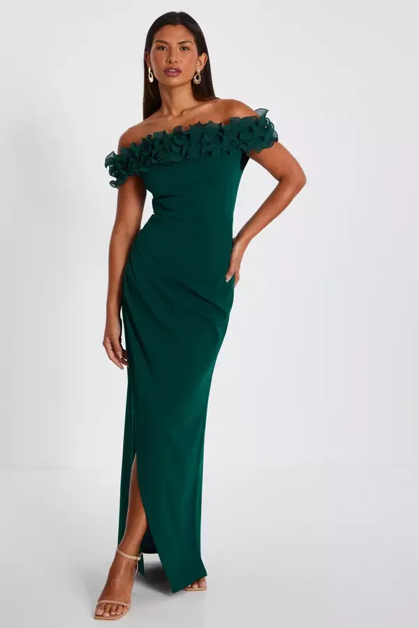 Quiz Clothing Dresses Bottle Green Ruffle Bardot Maxi Dress 8211 Women