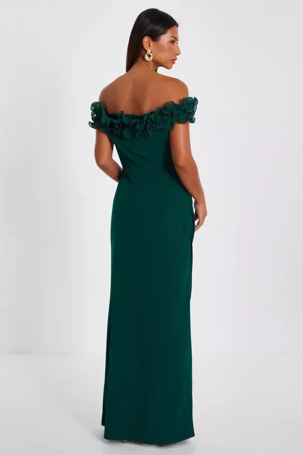 Quiz Clothing Dresses Bottle Green Ruffle Bardot Maxi Dress 8211 Women