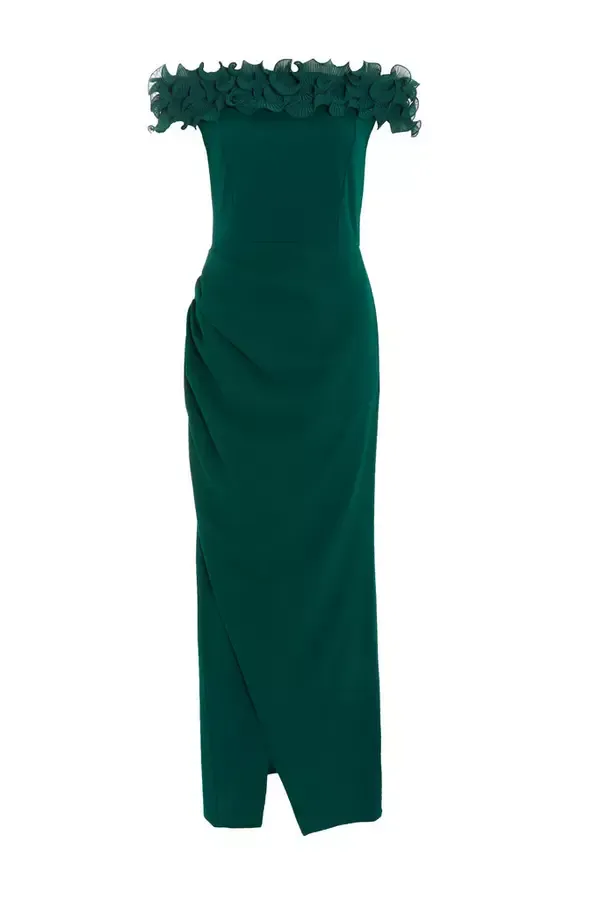 Quiz Clothing Dresses Bottle Green Ruffle Bardot Maxi Dress 8211 Women