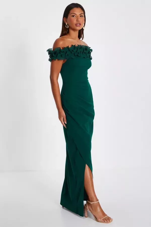 Quiz Clothing Dresses Bottle Green Ruffle Bardot Maxi Dress 8211 Women